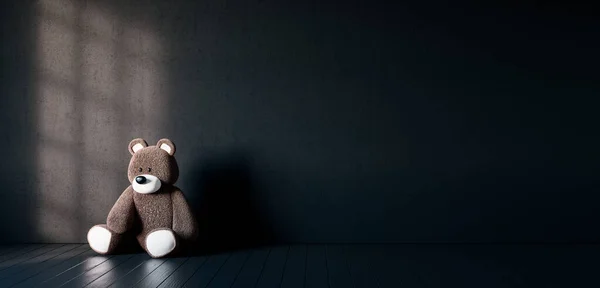 Çocuk istismarı ve yalnızlık kavramı. Oyuncak ayı karanlık odada tek başına oturuyor. 3D resim çiziyor.