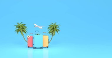 Yaz tatiline hazır, arka planda fotokopi çekilecek. Palmiye ağacı ve bavullu yaz tatili konsepti, 3B Render illüstrasyon