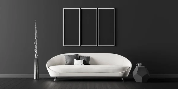 Siyah oturma odasının modern iç tasarımı, 3d Render 3d illüstrasyon