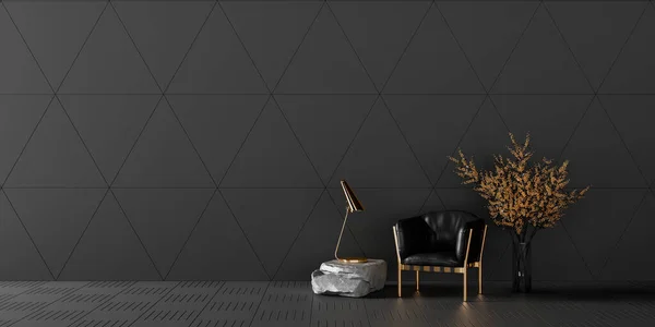 Modern oturma odası iç tasarımı siyah deri koltuk ve altın dekorasyonlu 3D resimli.