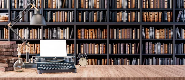 Skrivbord Med Gammal Skrivmaskin Och Bokhyllor Biblioteket Med Gamla Böcker — Stockfoto