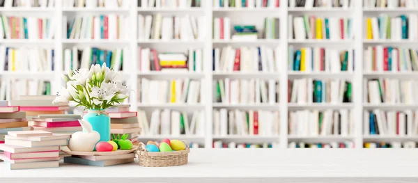 Geschmückte Ostereier Bücherregal Der Bibliothek Mit Bunten Büchern Feiertage Buchladen — Stockfoto