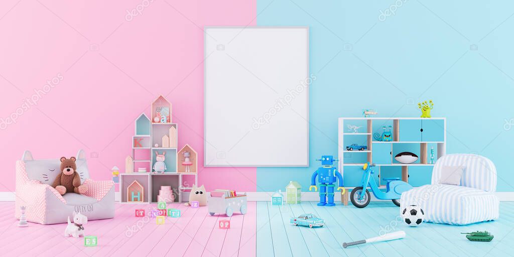 Children's room interior design with blue and pink pastel colors. The difference between boys and girls 3d render 3d illustration