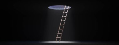 Gece gökyüzüne çıkan merdiven, özgürlük konseptine giden merdiven 3D çizim