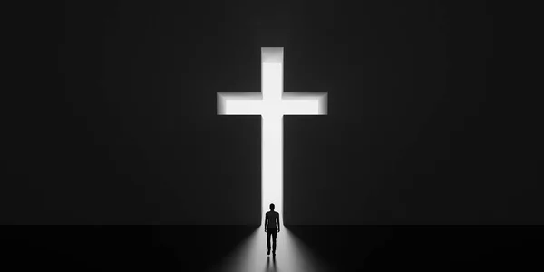 Deus Nossa Única Salvação Homem Saindo Quarto Escuro Através Cruz — Fotografia de Stock