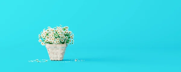 Hermosa Cesta Flores Sobre Fondo Azul Render Ilustración — Foto de Stock