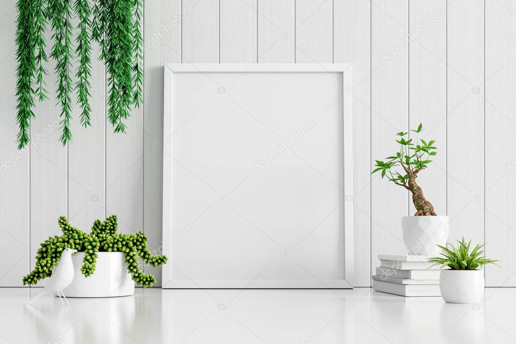 White interior poster mock up with empty frame and plants in vases on white wood wall background. 3D render 3D illustration