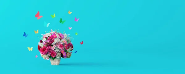 Mariposas Coloridas Hermosa Cesta Flores Sobre Fondo Azul Render Ilustración — Foto de Stock