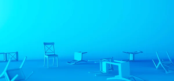 Jedno Krzesło Stoi Pionowo Pozostałe Przewrócone Niebieskim Tle Renderować Ilustracji — Zdjęcie stockowe
