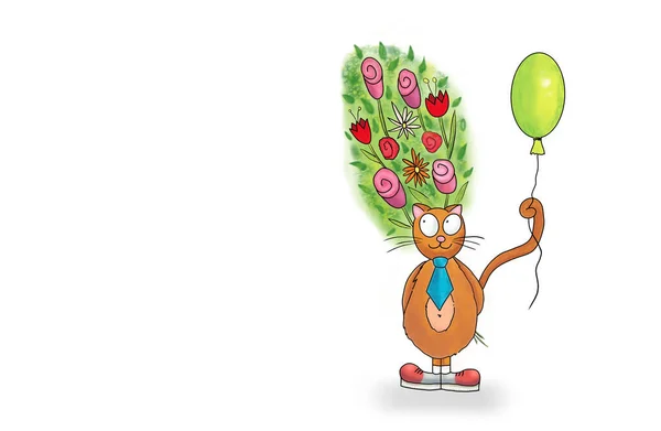 Nette Lustige Cartoon Katze Hält Einen Blumenstrauß Weiße Grußkarte Hintergrund — Stockfoto