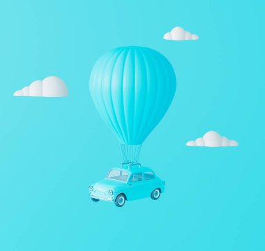 Sıcak hava balonu bulutlarda uçuyor. Pastel mavi arkaplan üzerindeki Rüya Seyahati Konsepti 3B canlandırma 3B