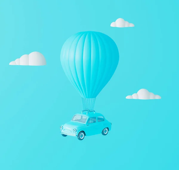 Hot air balloon with car flies in the clouds. Dream Travel Concept on pastel blue background 3D render 3D illustration