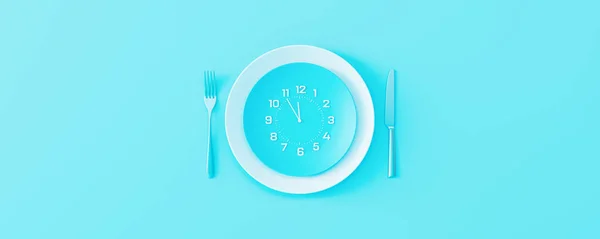 Pastel mavi arka planda çatal ve bıçaklı yemek tabağındaki saat. Yemek zamanı, Kahvaltı, Öğle Yemeği ve Akşam Yemeği konsepti 3 boyutlu resimleme