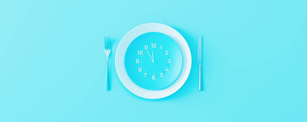 Clock in dinner plate with fork and knife on pastel blue background. Time to eat, Breakfast, Lunch Time and Dinner concept 3d render 3d illustration