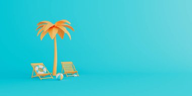 Sandalyeli palmiye ağacı ve mavi arka planda plaj aksesuarları. Yaz tatili kavramı. 3B görüntüleme 3B