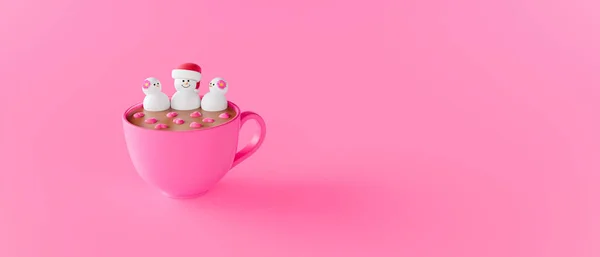 Muñeco Nieve Con Dos Muñecos Nieve Una Taza Chocolate Caliente —  Fotos de Stock