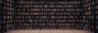 Bookshelves in the library with old books 3d render 3d illustration clipart