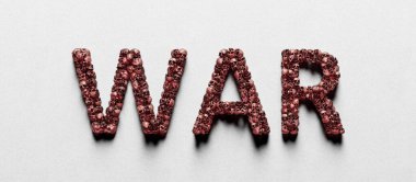 Beyaz bir yüzey üzerinde insan kafatasları ile yazılmış savaş metni 3D resimleme