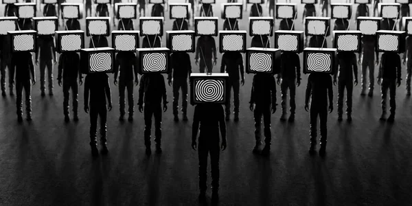 Kafası yerine eski bir televizyonu olan zombi insanlar. Kitlesel medya bağımlılığı. Televizyon manipülasyonu ve kalabalık kontrolü. Beyin yıkama konsepti. 3d canlandırma 3d illüstrasyon