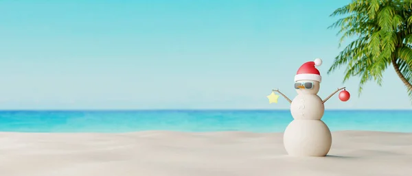 Snowman Made Sand Beautiful Tropical Beach Summer New Year Concept — Stock Photo, Image