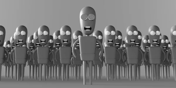 Hipnotize edilmiş zombi insanlar. Kitlesel medya bağımlılığı. Televizyon manipülasyonu ve zihin kontrolü. Beyin yıkama konsepti. 3d canlandırma 3d illüstrasyon