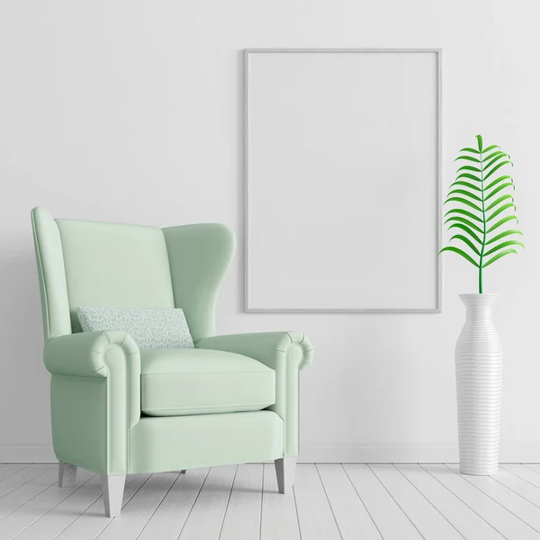 Pared Hormigón Blanco Con Sillón Verde Pastel Diseño Interior Minimalista — Foto de Stock