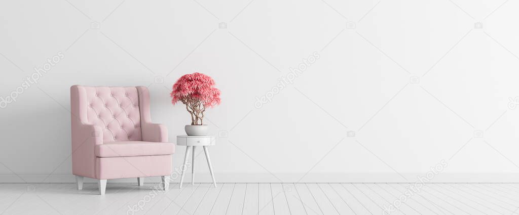 white concrete wall with pastel pink armchair, minimal interior design. 3d render 3d illustration