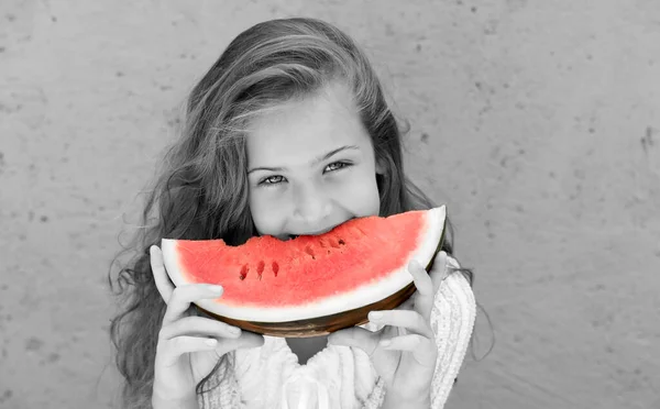 Beautiful Happy Girl Eats Juicy Watermelon — Stock Photo, Image