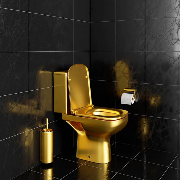 Gold Toilettenschüssel Und Zubehör Schwarz Geflieste Toilette Render Illustration — Stockfoto