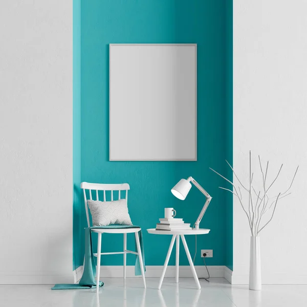 Pared Hormigón Blanco Azul Con Muebles Blancos Diseño Interior Mínimo — Foto de Stock