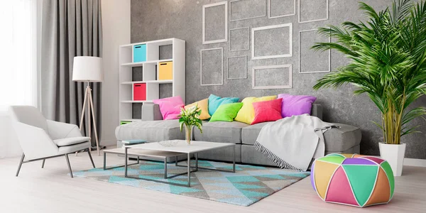 Modernes Interieur Des Wohnzimmers Mit Farbenfroher Dekoration Render Illustration — Stockfoto