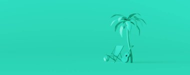 Plaj sandalyesi ve gitar yeşil arka planda bir palmiye ağacının altında. 3B Render 3D illüstrasyon yaratıcı asgari yaz fikri