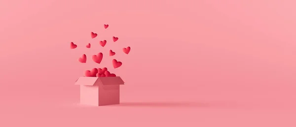 Kırmızı kalpler kutudan çıkıyor. Pembe arka planda Sevgililer Günü konsepti 3D görüntüleme
