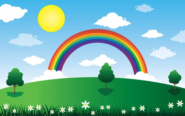 Sun Clouds Rainbow Landscape Vector Illustration — Stock Vector