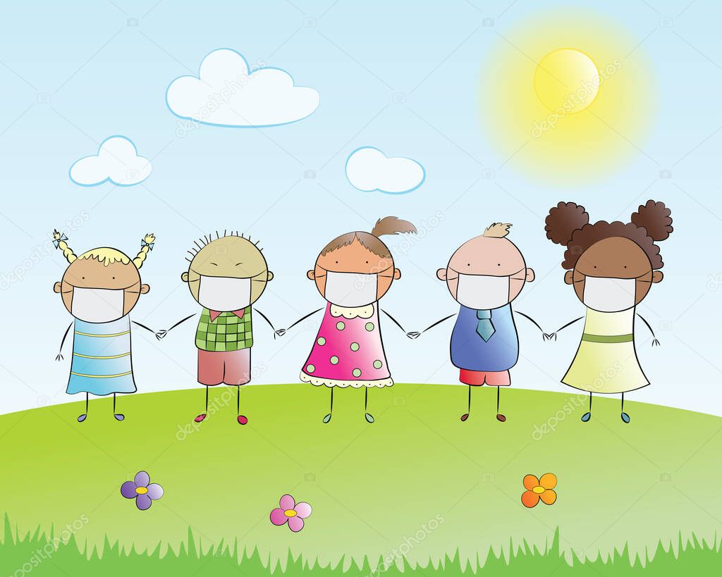 Kids wearing protective medical masks. Cute cartoon children from all over the world. Healthcare concept. Health, hygiene, virus protection vector illustration