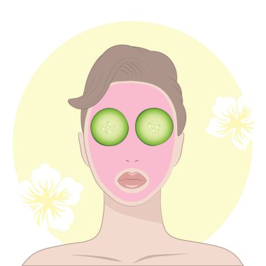 Güzellik salonunda maske takan genç bir kadın için Spa terapisinin vektör illüstrasyonu