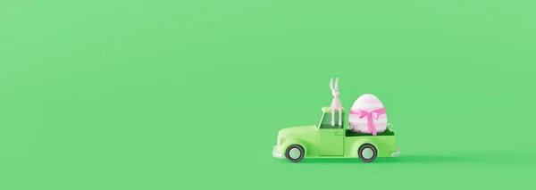 かわいいイースターバニーは緑の車の上に座ってカラフルなイースターエッグを運ぶ 緑の背景にイースター休暇のコンセプト3Dレンダリング3Dイラスト — ストック写真