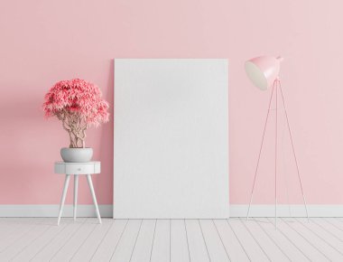 Pembe beton duvara poster yap. Modern oturma odası, iç tasarım pembe lamba ve dekoratif bitki 3D çizim 3D çizim