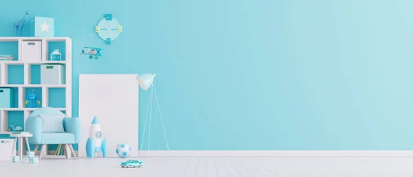 Children\'s room interior design with blue pastel colors. Little boys room with copy space. 3d render 3d illustration