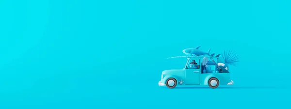Синий Автомобиль Багажником Пляжными Принадлежностями Голубом Фоне Креативная Идея Минимального — стоковое фото