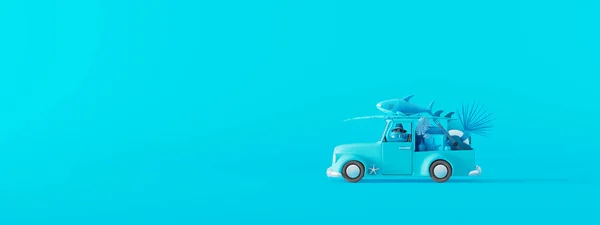 Blue Car Luggage Beach Accessories Pastel Blue Background Creative Minimal — Stock Photo, Image