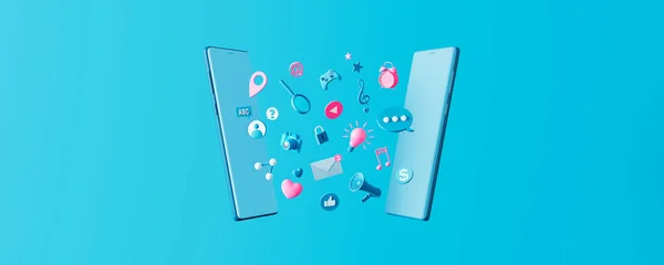 Social media digital marketing and promotion concept with various icons on blue background. 3d render 3d illustration