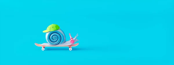 カラフルな現代のカタツムリがスケートボードの3Dレンダリング3Dイラストに乗る — ストック写真