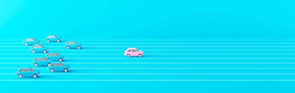 İş yarışması konsepti. Pembe araba, daha yavaş giden bir grup mavi arabaya karşı yarışı yönetiyor. 3D görüntüleme.