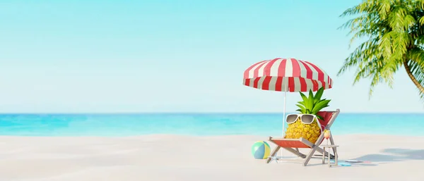 Güneş gözlüklü ananas, plajda dinlenme ve içki kokteyli, yaz tatili konsepti 3D resim