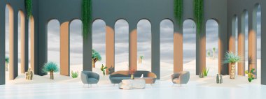 İçinde çöl kumu olan büyük bir oturma odasının modern konsept iç tasarımı, 3d Render 3d illüstrasyon