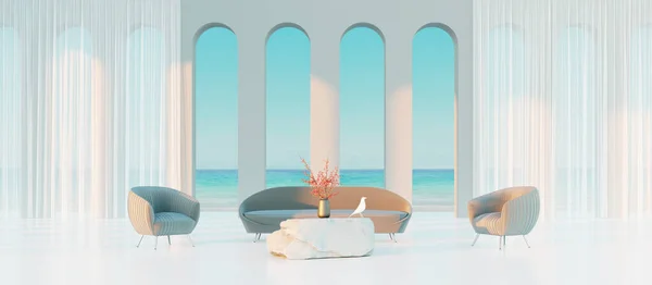 Modern Concept Interior Design White Living Room Sea View Render — Φωτογραφία Αρχείου