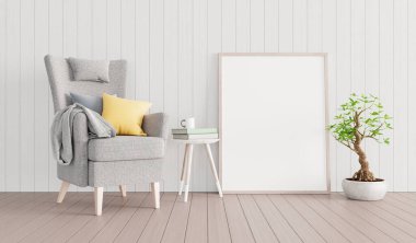 Gri koltuklu ve süslemeli yeşil bitkili oturma odası iç tasarımı. 3d oluşturma 3d resimli resim çerçevesi