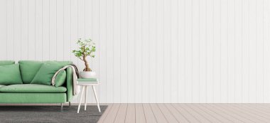 Oturma odasının iç tasarımı. Yeşil kanepe, boş beyaz duvar ve 3 boyutlu görüntüleme ile sağda boş alan oluşturun