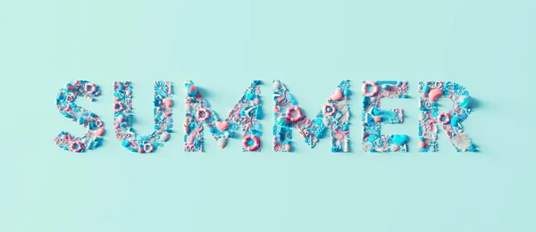 Summer Text Made Beach Accessories Pastel Blue Background Creative Minimal — Stock Photo, Image